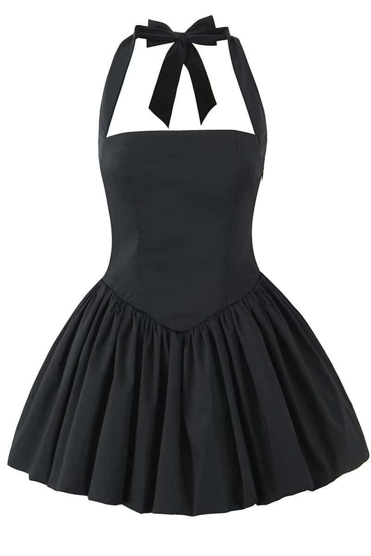 Halter Black A-line Short Bubble Dress