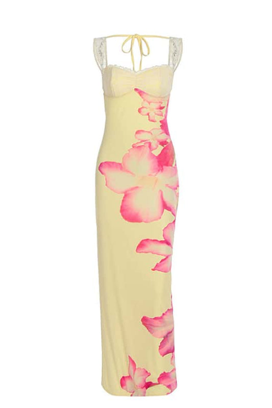 Floral Print Yellow Fitted Long Dress