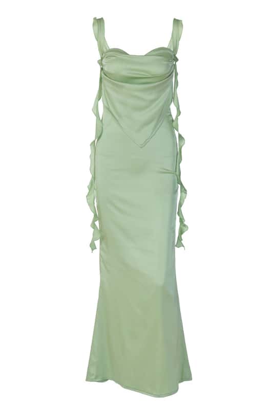 Green Ruffle Straps Fitted Long Maxi Dress