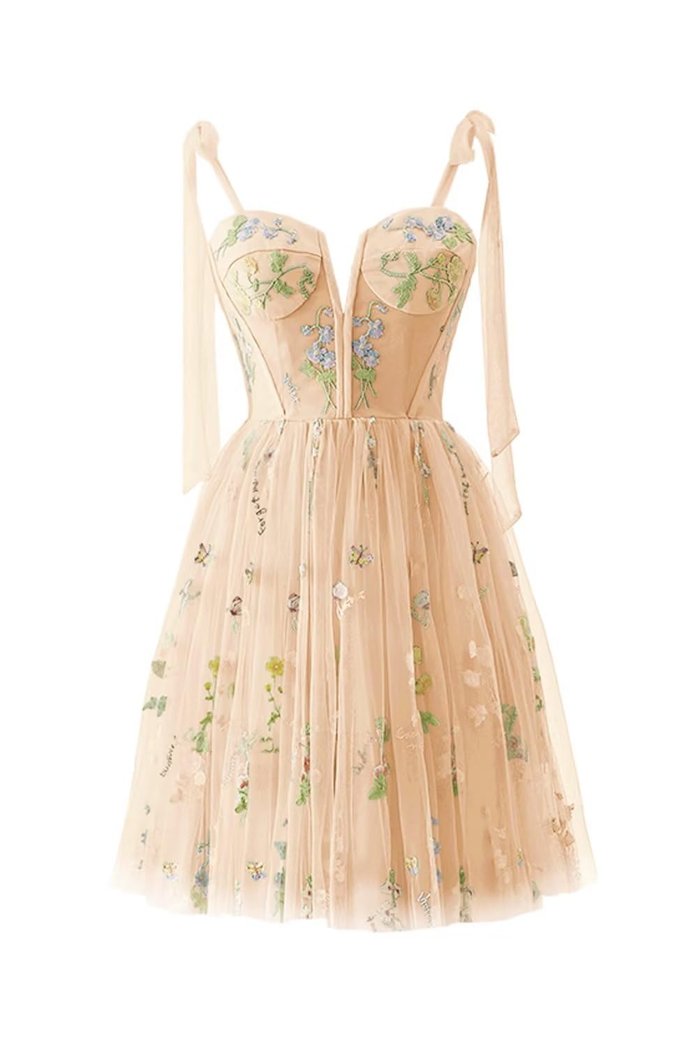 Green Floral Tulle A-line Short Dress with Tie Shoulders