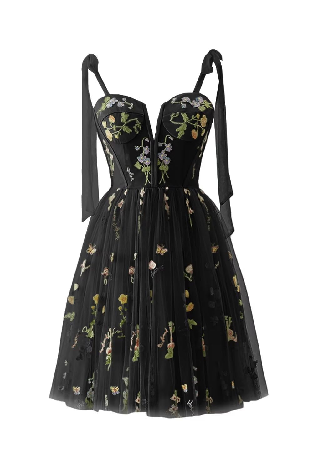 Green Floral Tulle A-line Short Dress with Tie Shoulders