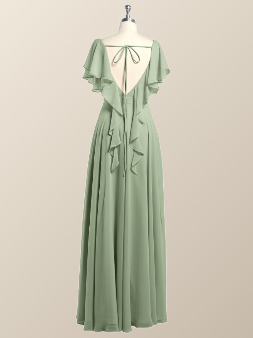 Flutter Sleeves Sage Green Chiffon A-line Long Bridesmaid Dress