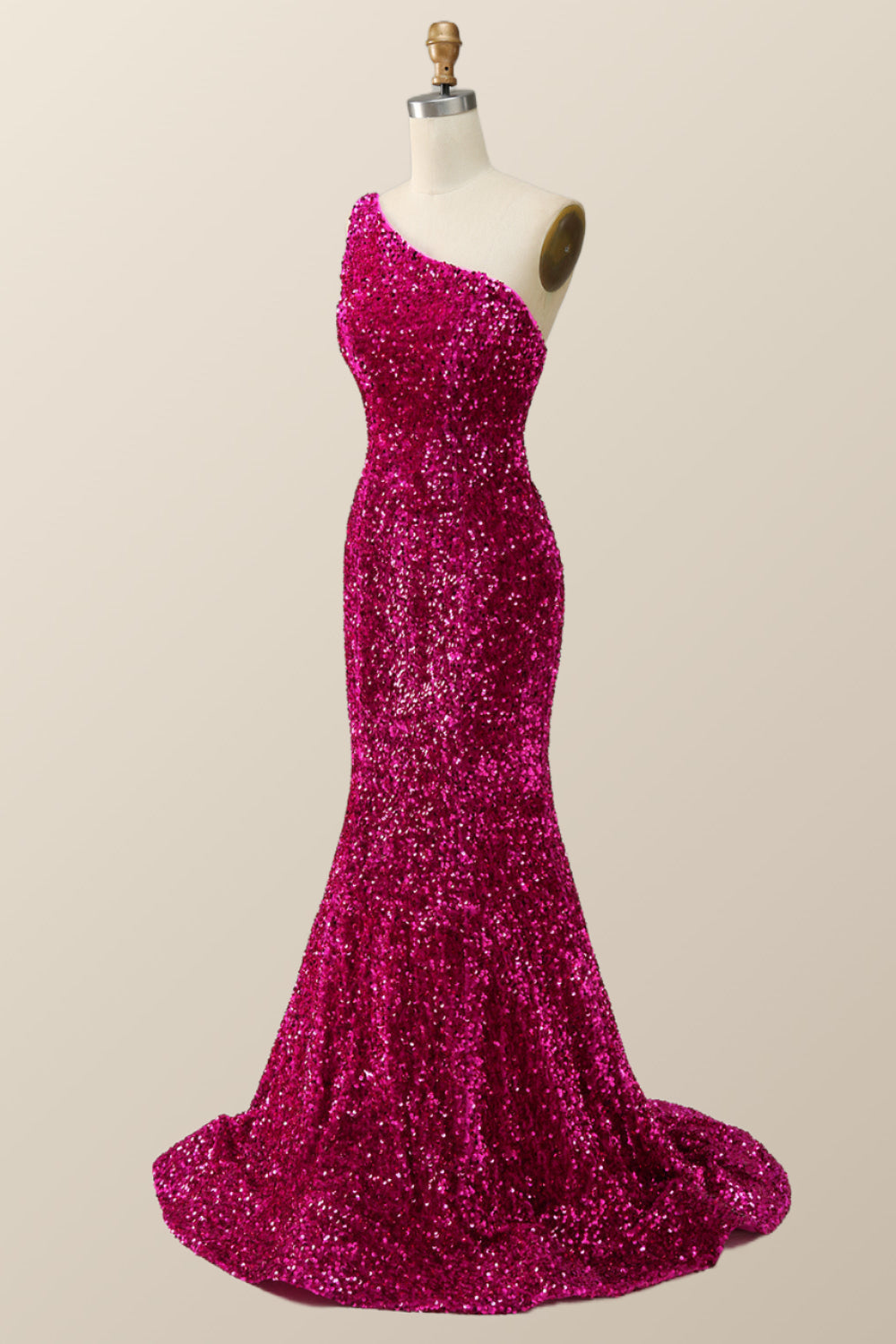 Fuchsia Sequin One Shoulder Mermaid Long Formal Dress
