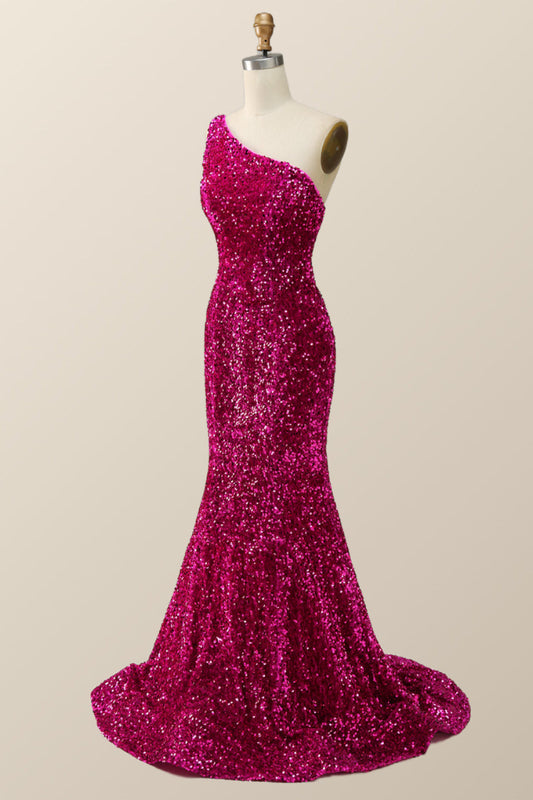 Fuchsia Sequin One Shoulder Mermaid Long Formal Dress