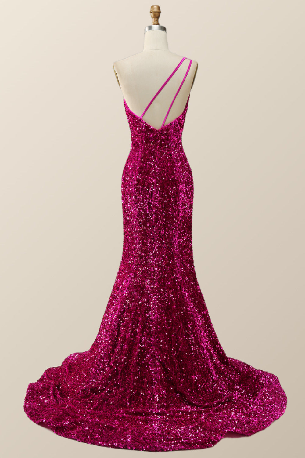 Fuchsia Sequin One Shoulder Mermaid Long Formal Dress