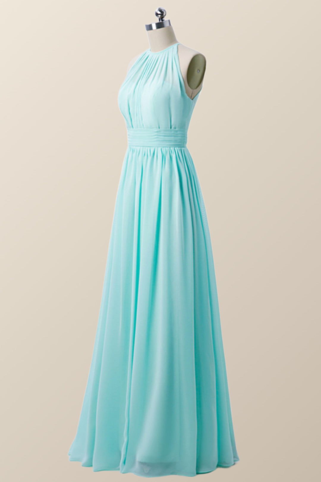 Halter Blue Chiffon Long Bridesmaid Dress