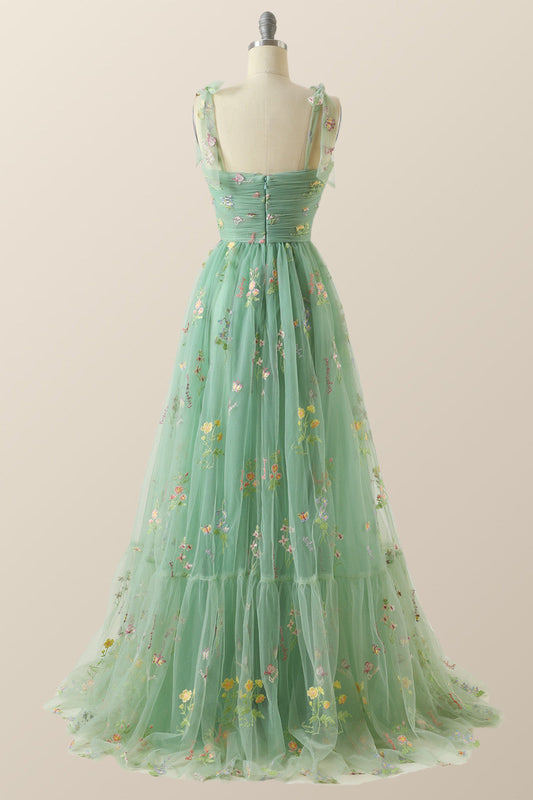 Green A-line Embroidered Long Formal Gown