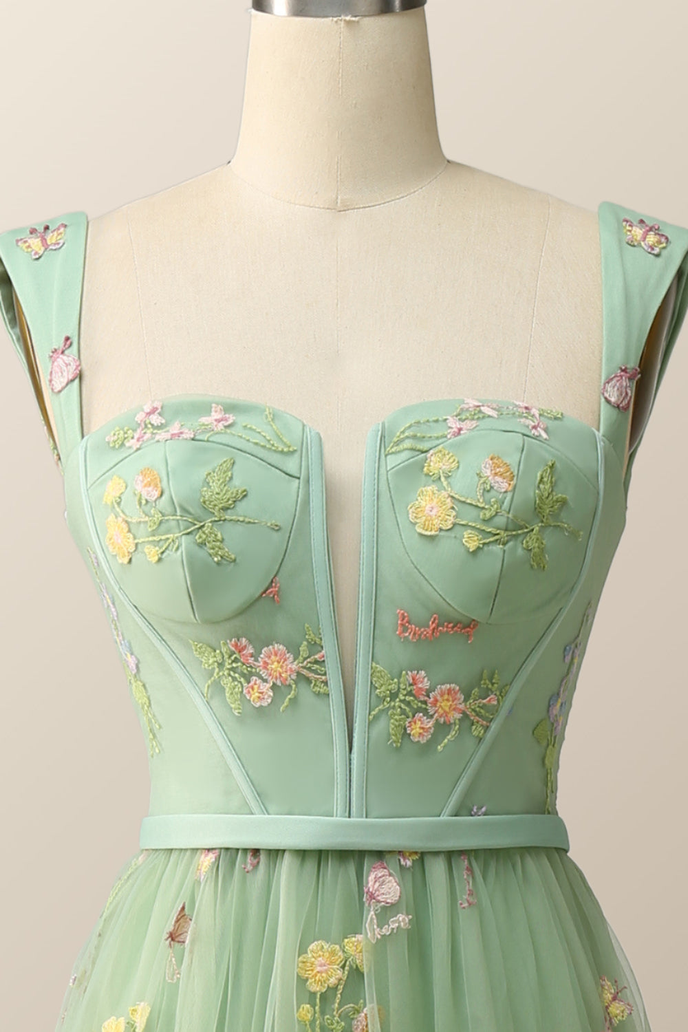 Green Embroidered A-line Midi Dress