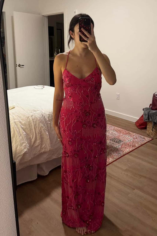 Fuchsia Beaded Straps Fitted Long Dress