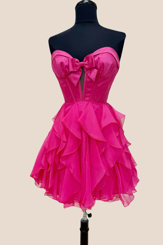 Fuchsia Sweetheart A-line Short Chiffon Ruffle Dress