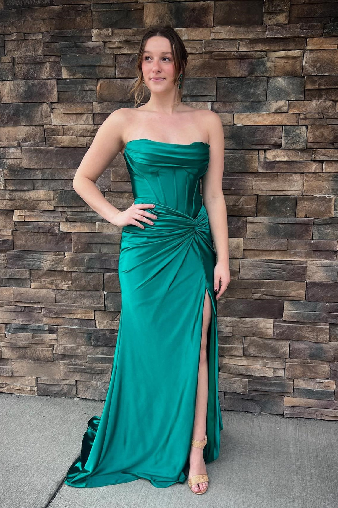 Green Ruched Strapless Mermaid Long Prom Dress