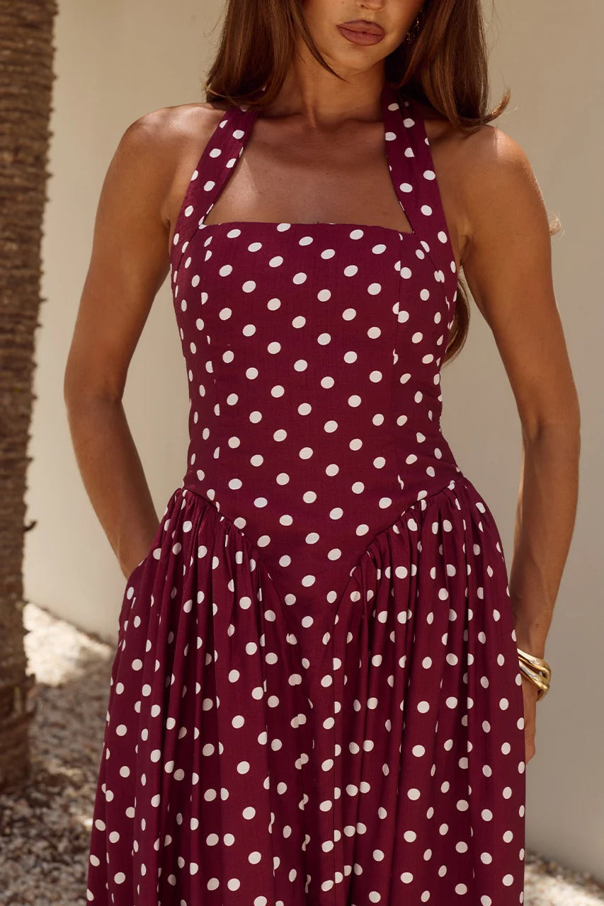 Sammi Midi Dress - Wine/White Polka