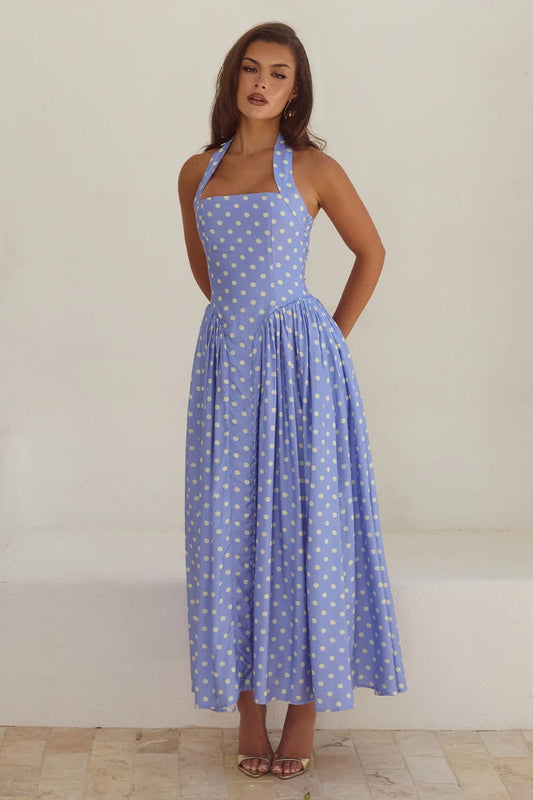 Sammi Midi Dress - Periwinkle/Lemon Polka