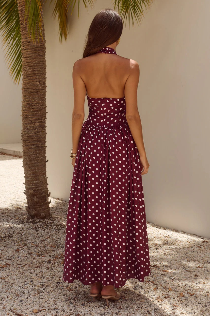 Sammi Midi Dress - Wine/White Polka