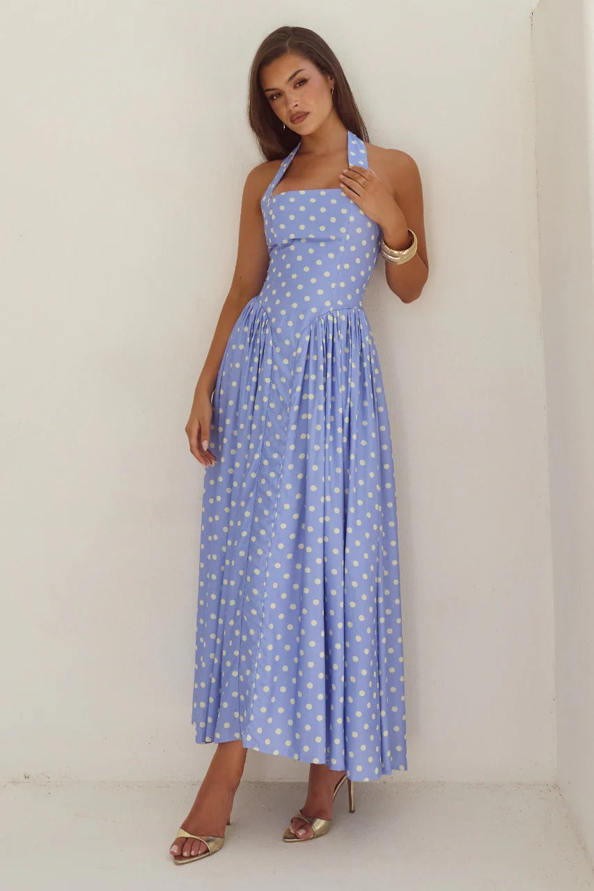 Sammi Midi Dress - Periwinkle/Lemon Polka