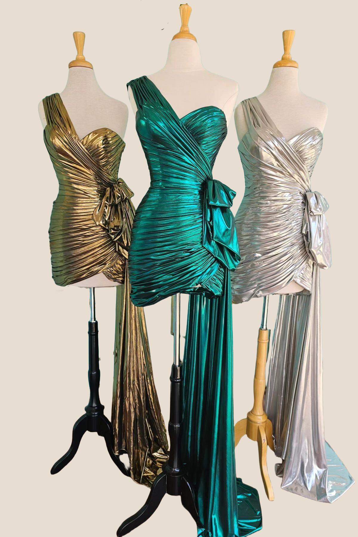 Green One Shoulder Ruched Short Dress