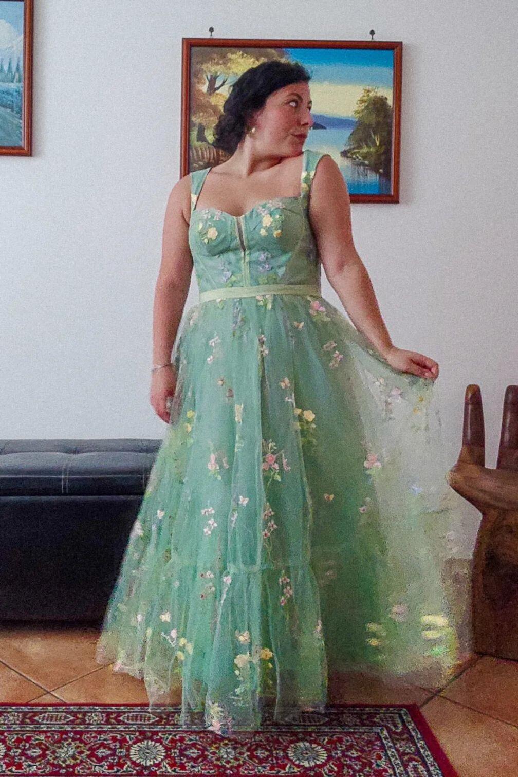 Green Embroidered A-line Midi Dress