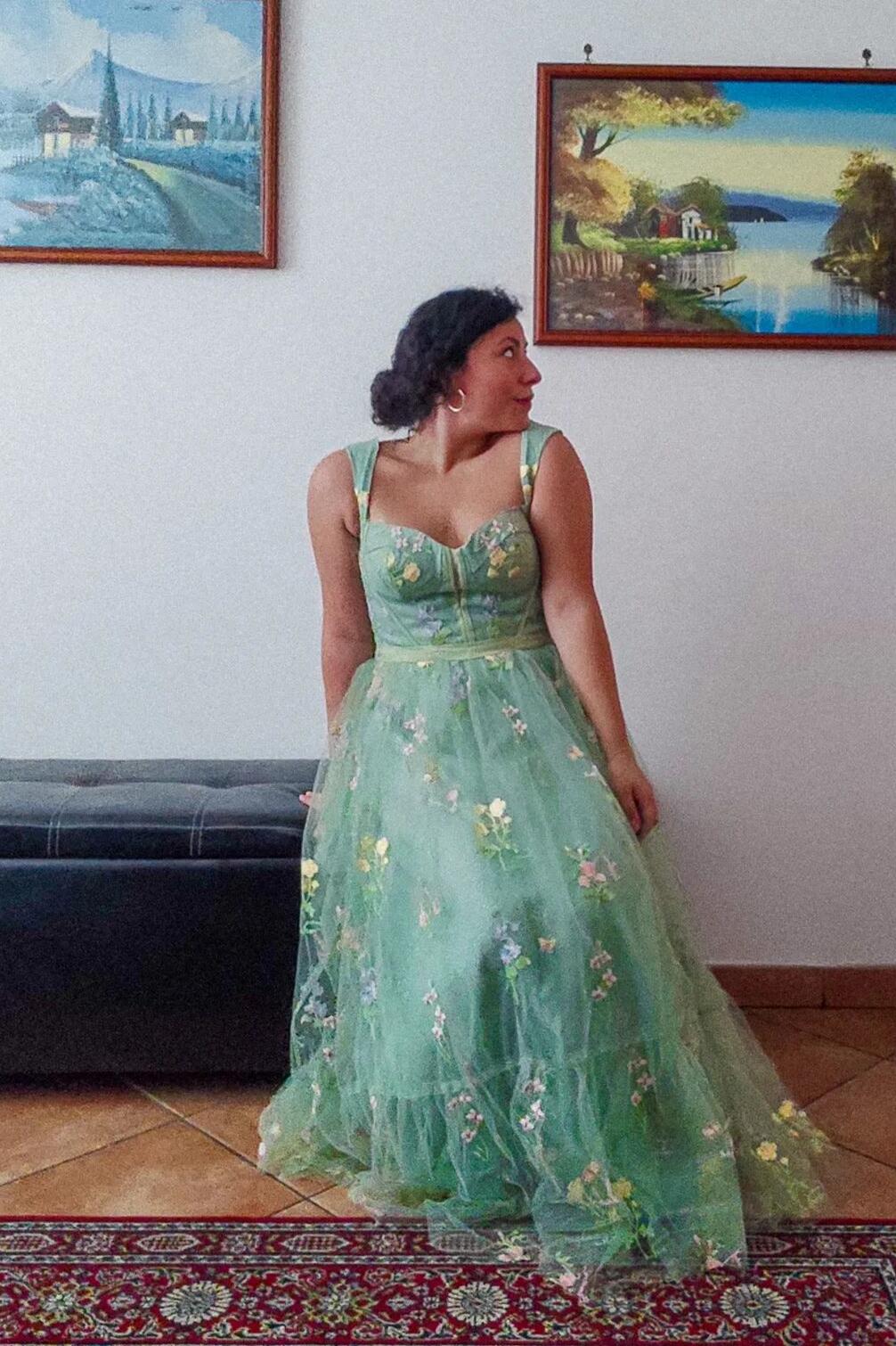 Green Embroidered A-line Midi Dress